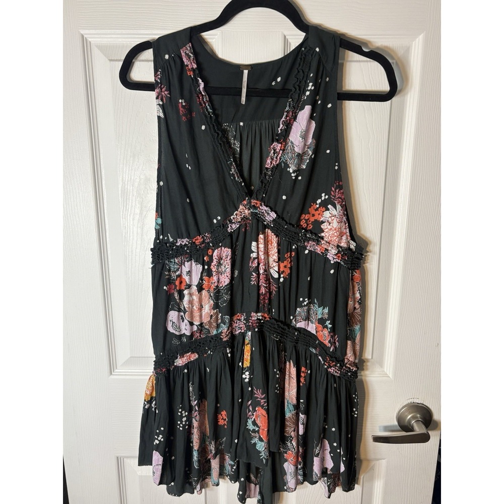 Free People Purple Haze Boho Floral Sleeveless Tunic Tank Top Small Black Pink